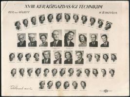 1953 Bp., XVIII. ker. Közgazdasági Technikum 1953-ban végzett IV. B. osztálya, tablófotó, hátoldalán aláírásokkal, kis saroktöréssel, 24x18 cm