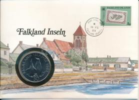 Falkland-szigetek 1987. 50p Cu-Ni &quot;WWF - Király Pingvinek&quot; emlékérme felbélyegzett borítékban, bélyegzéssel, német nyelvű tájékoztatóval T:UNC Falkland Islands 1987. 50 Pence Cu-Ni &quot;World Wildlife Fund - King Penguins&quot; commemorative coin in envelope with stamp, cancellation and a prospectus in german C:UNC