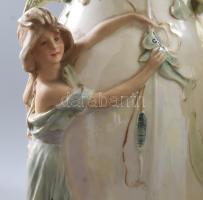 Royal Dux Bohemia jugendstil váza pár, vadászó és halászó nimfa alakokkal. Irizáló alapon többszínű ...