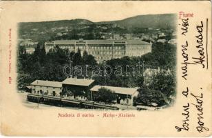 1899 (Vorläufer) Fiume, Rijeka; Osztrák-magyar haditengerészeti akadémia, vasútállomás vonattal / Academia di marina / K.u.K. Kriegsmarine Marine Akademie. Stengel & Co. / Austro-Hungarian Navy academy, railway station, train (EK)