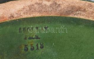 Zsolnay kaspó. Zöld mázzal fedett fehércserép, ismétlődő stilizált levélmintával, 5518 sorszámmal, j...