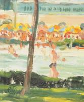 Réti Mátyás (1922-2002): Élet a strandon. Olaj, vászon, jelezve balra lent, 32×41,5 cm