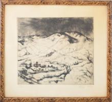Szőnyi István (1894-1960): Tél. Rézkarc, papír, jelzett, 27x31 cm, üvegezett fakeretben