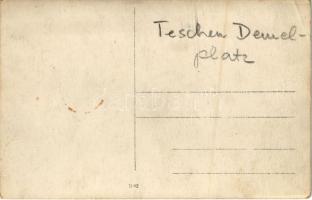Cieszyn, Teschen; Demelplatz / WWI K.u.K. military, automobile, square, shops of Konczakowski, Katze...
