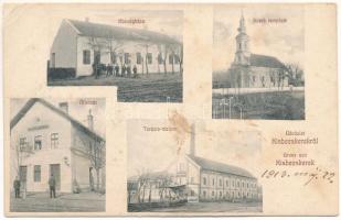 1913 Kisbecskerek, Becicherecu Mic, Kleinbetschkerek; községháza, vasútállomás, Terézia malom, szerb templom. Klein Jakab kiadása / town hall railway station, mill, Serbian church (Rb)