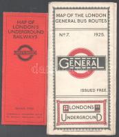 cc 1930 Londoni metrótérkép, összehajtható 5x13 cm, 15x13 cm + Londoni busz térkép 1925 / cc 1930 London subway map, folding 5x13 cm, 15x13 cm + London bus map 1925