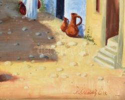 Klausz Éva (XX. sz. második fele): Keleti utca. Olaj, farost, jelzett. Dekoratív fakeretben, 43×35 c...