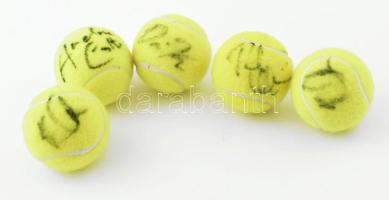 5 db teniszlabda teniszezők aláírásaival, köztük Andrew Castle és Tin Henman, tanúsítvánnyal / 5 tennis balls signed by tennis players, including Andrew Castle and Tin Henman, with certificate