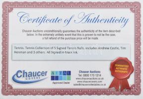 5 db teniszlabda teniszezők aláírásaival, köztük Andrew Castle és Tin Henman, tanúsítvánnyal / 5 ten...