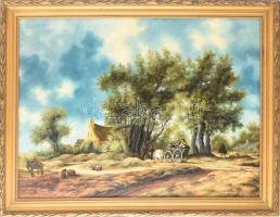 Klausz Éva (XX. sz. második fele), másolat ismeretlen festő után: Vidéki élet. Olaj, farost, jelzett. Dekoratív fakeretben, 55×74 cm