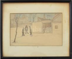 Mocsay Béla (működött 1920-45 körül): Kültelki utca (Ferencváros). Akvarell, tus, toll, papír, jelez...