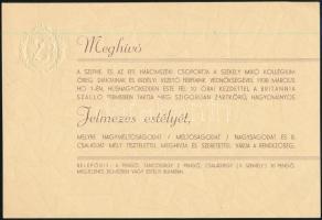 1938 SZEFHE, EFE Háromszéki csoportja és a Székely mikó kollégium jelmezes estélyének meghívója székely címeres dombornyomott meghívó 14x21 cm