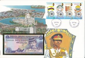 Brunei 1991. 1R felbélyegzett borítékban, bélyegzéssel T:UNC Brunei 1991. 1 Ringgit in envelope with stamp and cancellation C:UNC