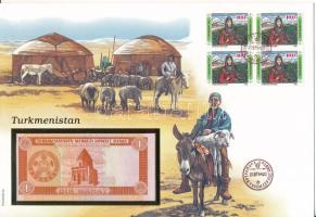 Türkmenisztán 1993. 1M felbélyegzett borítékban, bélyegzéssel T:UNC Turkmenistan 1993. 1 Manat in envelope with stamp and cancellation C:UNC