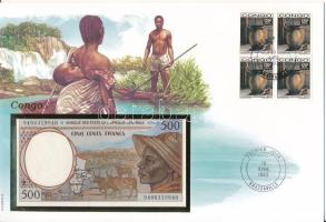 Közép-Afrika / Kamerun 1994. 500Fr felbélyegzett &quot;Kongó&quot; bankjegyes boríték bélyegzéssel T:UNC Central Africa / Cameroon 1994. 500 Francs in &quot;Congo&quot; envelope with stamp and cancellation C:UNC