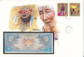 Bhutan 1N DN (1981-1985). felbélyegzett borítékban, bélyegzéssel T:UNC Bhutan ND (1981-1985). 1 Ngultrum in envelope with stamp and cancellation C:UNC