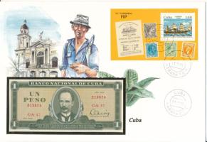 Kuba 1982. 1P felbélyegzett bankjegyes boríték bélyegzéssel T:UNC Cuba 1982. 1 Peso in banknote envelope with stamp and cancellation C:UNC