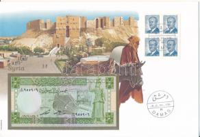 Szíria 1988. 5P felbélyegzett borítékban, bélyegzéssel T:UNC Syria 1988. 5 Pounds in envelope with stamps and cancellations C:UNC