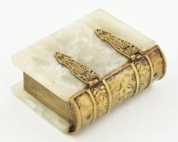 Díszkönyv alakú bronz és ónix díszdoboz. Fa betéttel, kis kopással, 15x12x6 cm