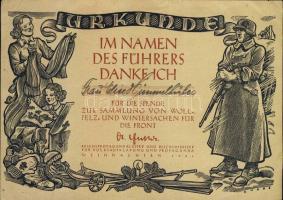 cca 1940 Nemet köszönő oklevél szőrme és téli ruha begyűjtésért / Warrant for collecting fur for German soldiers