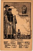 Temesvár, Timisoara; Magyar, német, román (oláh) és szerb nemzetiségek népesség aránya. Címer, Magyar Nemzeti Szövetség kiadása, Grund V. utódai / Percentage of Hungarian, German, Romanian and Serbian population. Irredenta art postcad with coat of arms s: Pólya