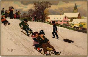 1912 Szánkózás télen / Sledding in winter, sport. litho s: Paul Hey (Rb)