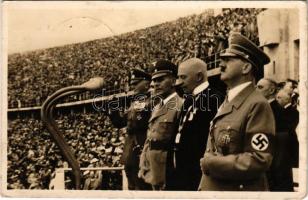 1936 Olympia 1936. Graf de Baillet Latour Präsident des XI. Olympia-Komitees auf der Ehrentribüne / 1936 Summer Olympics in Berlin. Baillet-Latour, president of the International Olympic Committee with Adolf Hitler, NSDAP German Nazi Party propaganda, swastika + &quot;BERLIN OLYMPIA-STADION XI. Olympiade 1936&quot; So. Stpl. (EK)