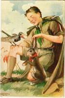 Cserkész művészlap. Márton L.-féle Cserkészlevelezőlapok Kiadóhivatala / Hungarian boy scout art postcard s: Márton L. (EK)