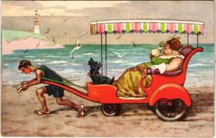 Fat lady on the beach, humour. unsigned Arthur Thiele (EB)