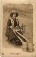 1915 Boldog Újévet / New Year greeting with sledding lady and champagne (EB)