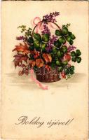 1932 Boldog Újévet / New Year greeting art postcard with clovers (fl)