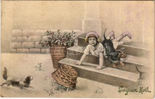 Joyeuse Noel / Christmas greeting art postcard with girl and dogs. V. K. Vienne 5134. (EK)