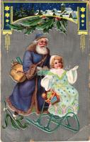 Christmas greeting art postcard with Saint Nicholas. Emb. litho (EB)