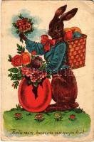 1942 Kellemes húsvéti ünnepeket / Easter greeting art postcard with rabbit and eggs (fa)