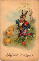 1934 Húsvéti üdvözlet / Easter greeting art postcard with rabbit, chicken and eggs (fl)