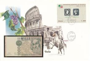 Olaszország 1982. 1000L felbélyegzett borítékban, bélyegzéssel, tájékoztatóval T:UNC Italy 1982. 1000 Lire in envelope with stamp and cancellation, with information C:UNC