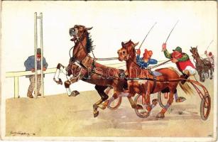 1911 Horse racing humour art postcard. B.K.W.I. 678-3. s: Schönpflug + "SZÁRAZBEREK 911 JAN 14 d.u. POSTI ÜGY."