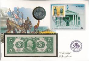 Salvador 1983. 5C bankjegy + Kuba 1990. 1P Cu-Ni Indulás Palos kikötőjéből érme közös borítékon, bélyeggel és bélyegzéssel T:UNC Salvador 1983. 5 Colones banknote + Cuba 1990. 1 Peso Cu-Ni Departure from the port of Palos coin on envelope with stamp and cancellation C:UNC