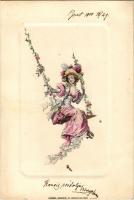 1900 Lady art postcard, swing. Szénásy, litho (fl)