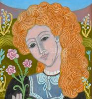 Stefániay Edit (1936-2010): Lány virággal. Tűzzománc, réz lemezen. Hátoldalán címkén feliratozott. F...