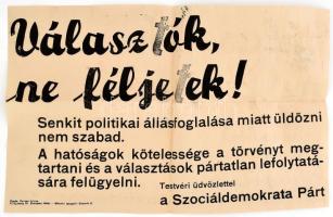 cca 1935 Választók ne féljetek! A Szociáldemokrata Párt plakátja 42x27 cm Hajtva