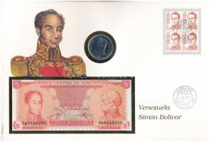 Venezuela Simon Bolivar érmés és bankjegyes, pecsételt boríték benne 1989. 5B Ni-acél érmével és 1989. 5B bankjeggyel a PHILSWISS kiadásában, német leírással T:UNC,I