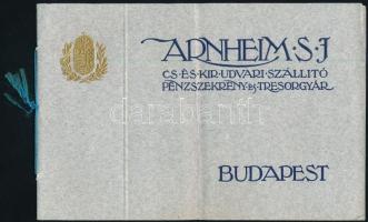 cca 1920 Arnheim S. J. páncélszekrény és tresor gyár képes termék katalógusa 28p. Zsinórfűzött papborítóval, aranyozott magyar címerrel. 24x16 cm Hajtva
