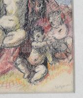 Herman Lipót (1884-1972), 2 db rajz egy keretben: Női akt puttókkal és jelenet női akttal. Ceruza, p...