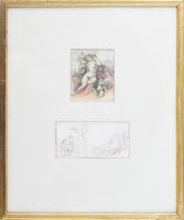 Herman Lipót (1884-1972), 2 db rajz egy keretben: Női akt puttókkal és jelenet női akttal. Ceruza, p...