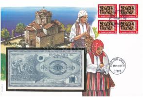 Macedónia 1992. 100D borítékban, alkalmi bélyeggel és bélyegzéssel T:UNC Macedonia 1992. 100 Dinar in envelope with stamps and cancellations C:UNC