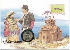 Macedónia 1993. 1D Cu-Ni felbélyegzett borítékban, bélyegzéssel, német nyelvű tájékoztatóval T:UNC Macedonia 1993. 1 Denar Cu-Ni in envelope with stamp, cancellation and a prospectus in german C:UNC