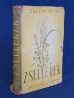 Fekete István: Zsellérek. Regény. A Királyi Magyar Egyetemi Nyomda regénypályázatának díjnyertes műve. Negyedik kiadás. Budapest, [1941]. Királyi Magyar Egyetemi Nyomda. 334 + [2] p. Fekete István regénye először 1939-ben jelent meg, rövid időn belül hat kiadásban látott napvilágot. A korrajz-szerű regény beszámol az első világháborút követő terror légköréről is, így rákerült az Ideiglenes Nemzeti Kormány által 1945-ben betiltott művek jegyzékére, a szerzőt pedig jó tíz évre elhallgattatták; ez a műve -- melyet szerzője élete főművének tekintett -- a rendszerváltásig meg sem jelenhetett. Egyes vélemények szerint a rendszerváltás után is csak cenzúrázott változatai jelentek meg. Példányunk a negyedik, még cenzúrázatlan kiadásból való. Kiadói, illusztrált, feliratozott egészvászon kötésben, eredeti, illusztrált, enyhén sérült védőborítóban. Jó példány.