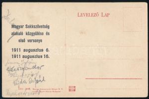 1911 Magyar Sakkszövetség alakuló közgyűlése és első versenye levelezőlap, aláírásokkal (Vajda Árpád, Simon István, stb.)