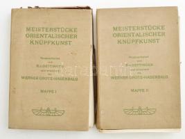 R. v. Oettingen . Werner Grote - Hasenbalg: Meisterstücke orientalischer Knüpfkunst. Neuberbeitet nach - - und ereitert von - -. Mappe I-II. [Berlin], én., [Scarabaeus Verlag], 59 t.; 2 p.+ 60 t. Német nyelven. Kiadói egészvászon mappák, kissé kopott, kissé foltos borítóval, sérült mappákkal, az I. mappában a tartalomjegyzék és egy tábla hiánnyal (43.), valamint az I. mappában egy tábla a hátoldalán javított.